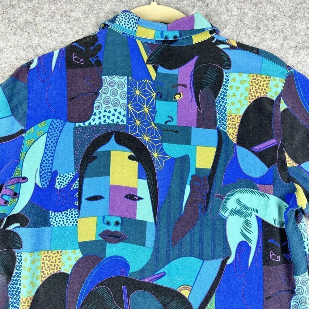 Chicos Silk Top Womens S Silk Abstract Geisha Asian Artsy Print Button Up Shirt